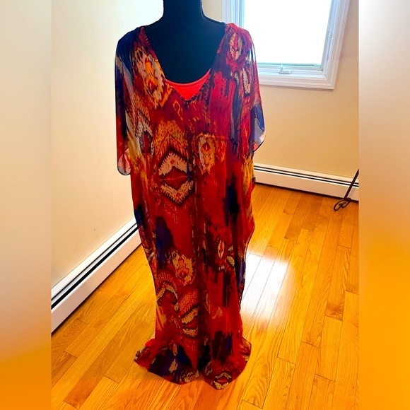 DASH by Kardashian bohemian orange blue yellow 2 piece kaftan dress size medium - Picture 3 of 16